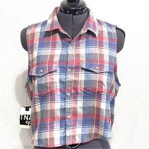 NWT TNA Woman Plaid Sleeveless Larch Button Down Top Blouse Shirt Size M
